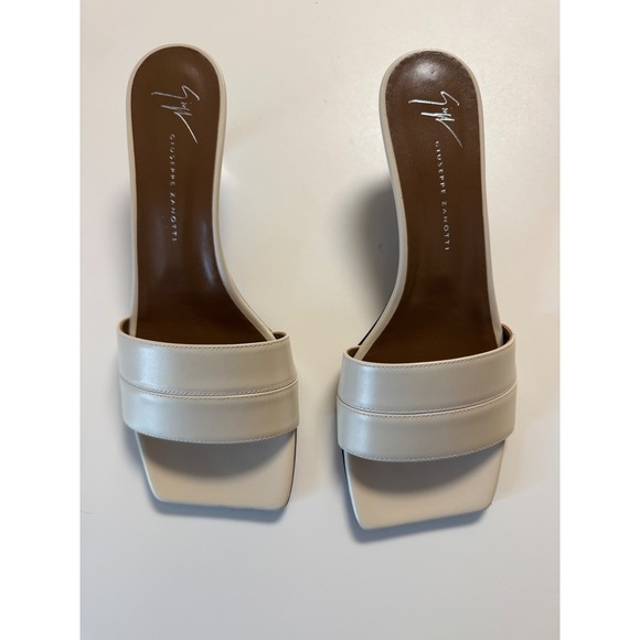 Giuseppe Zanotti Cream Leather Square Toe Kitten Heel Mules Sandals Sz 8 - Picture 8 of 16